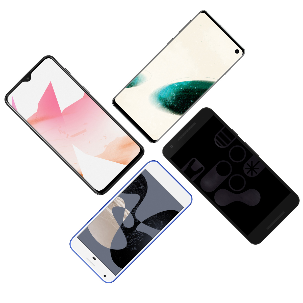 A pinwheel of four devices each showing Lineage wallpapers