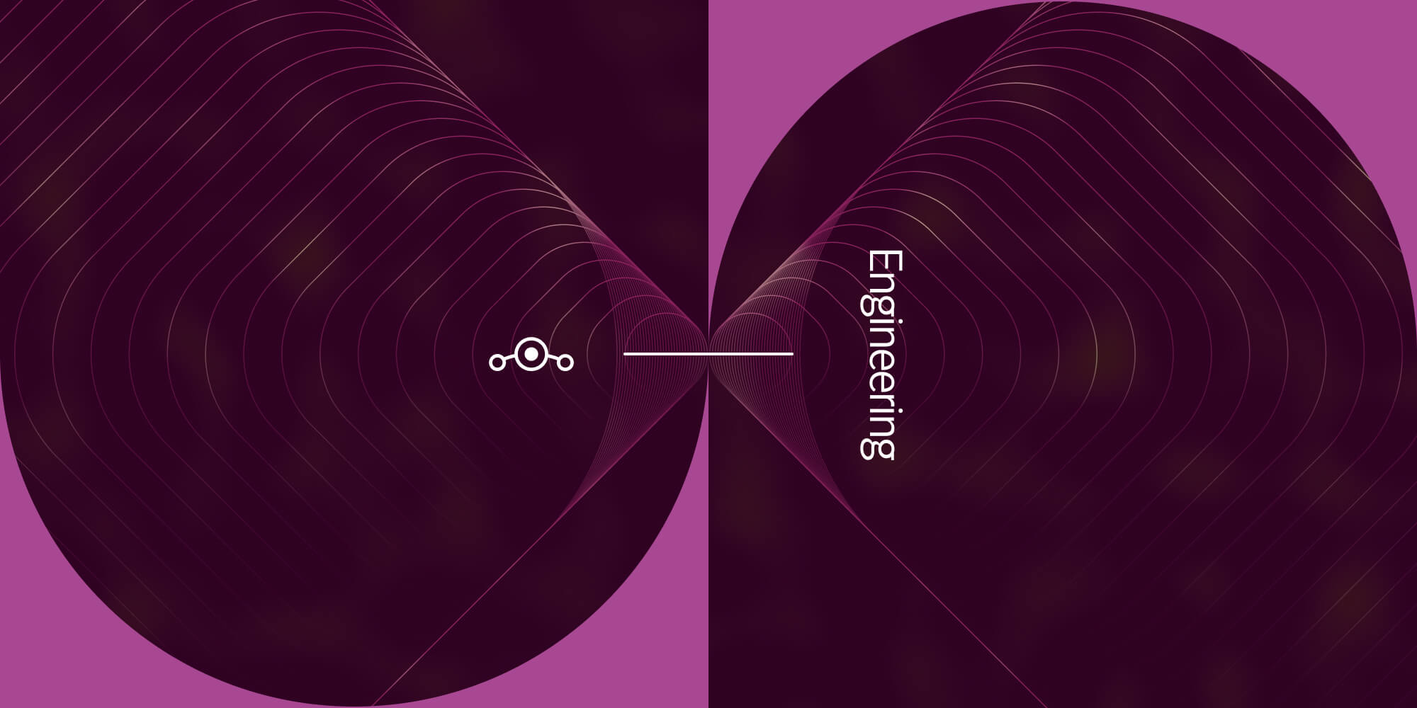 On a maroon background, warm repeating line shapes emanate from the center toward the left and right, transforming from circles to rectangles as they near the image's edge. Large pink shapes, the Lineage logo, and the word Engineering sit on top.