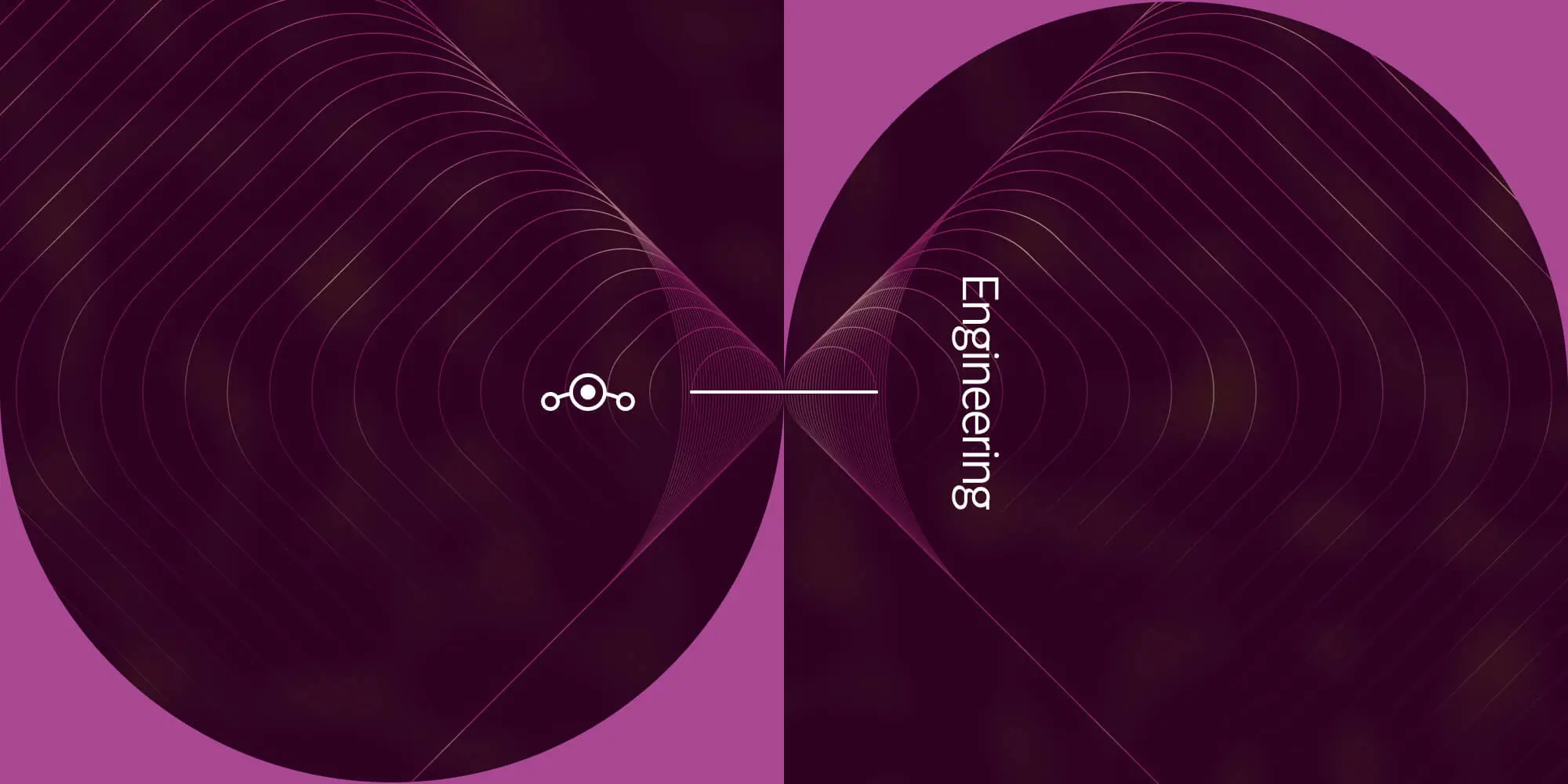 On a maroon background, warm repeating line shapes emanate from the center toward the left and right, transforming from circles to rectangles as they near the image's edge. Large pink shapes, the Lineage logo, and the word Engineering sit on top.